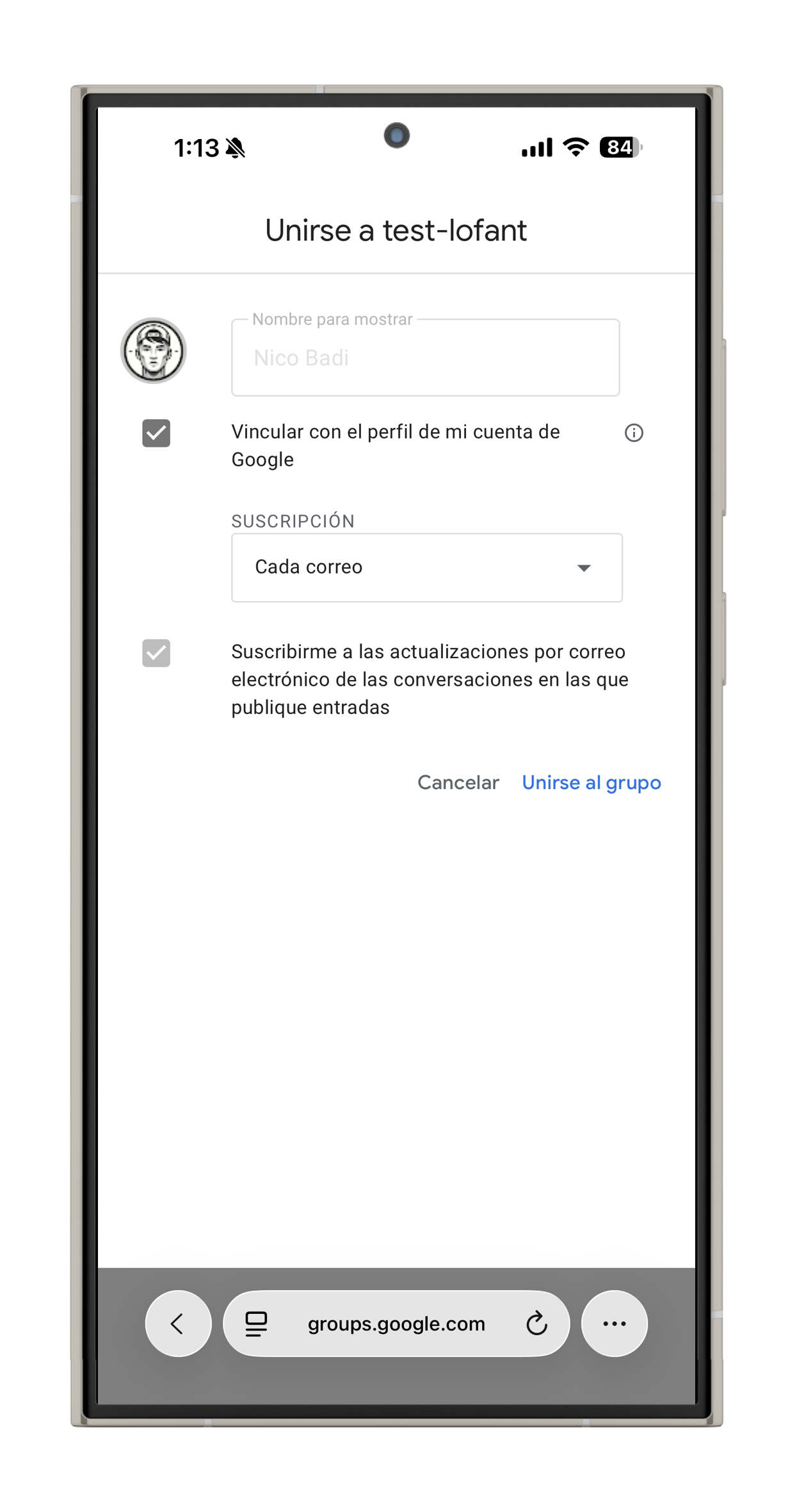 Paso 2: Confirmación de solicitud o pantalla del grupo